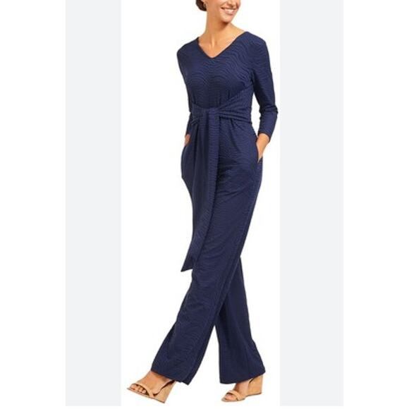 J. McLaughlin Greta Jumpsuit Navy Jacquard Flowy Straight Leg Tie Front M